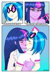  + 2015 bedroom_eyes black_eyes blue_background border clothing comic curtsibling digital_media_(artwork) duo english_text equestibooru_girls equestria_girls eyebrows eyelashes eyes_closed eyewear female french_kissing glasses grin hair half-closed_eyes hat hi_res hug human humanoid jacket kissing long_hair mammal multicolored_hair my_little_pony nails open_mouth parody purple_skin seductive shirt simple_background speech_bubble teeth text tongue tongue_out twilight_sparkle_(eg) vinyl_scratch_(eg) watermark white_border white_sclera 