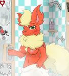  2016 anthro blush breasts chest_tuft dunewulff eeveelution female flareon freckles fur green_eyes navel nintendo nipples orange_fur pink_nipples pok&eacute;mon shower solo towel tuft video_games 