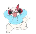  2016 ambiguous_gender black_claws black_eyes bottomless claws clothed clothing eroborus featureless_crotch feral fur hi_res nintendo open_mouth pawpads pok&eacute;mon raised_leg red_fur red_sclera simple_background solo sweater tongue tongue_out video_games white_background white_fur zangoose 