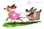  2016 bite bite_mark canine cervine chasing cryptid-creations deer digital_media_(artwork) doughnut duo eating feral food food_creature grass humor hungry hybrid mammal pun running scared tongue tongue_out wolf 