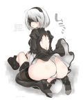  1boy 1girl ass back black_dress black_legwear blindfold blush breasts couple dress full_body hairband hard_translated high_heels highres mole mole_under_mouth mudou_eichi nier_(series) nier_automata short_hair shorts sitting sitting_on_face sitting_on_person thighhighs translated white_hair yorha_no._2_type_b yorha_no._9_type_s 