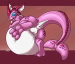  2015 alternate_color anus belly big_belly blue_eyes butt eeveelution english_text fan_character female feral fin fur hyper hyper_belly looking_at_viewer looking_back marry_the_vaporeon nintendo nude open_mouth pink_fur pink_scales pok&eacute;mon purple_background pussy raised_leg raised_tail rear_view rena_ayama scales sharp_teeth signature simple_background solo spots spread_legs spreading teeth text tongue tongue_out vaporeon video_games 