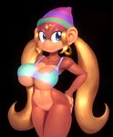  anthro bare_shoulders big_breasts black_background blonde_hair blue_eyes bottomless breasts brown_fur clothed clothing donkey_kong_(series) ear_piercing eyeshadow female fur hair hand_on_butt hat hi_res jewelry long_hair makeup mammal monkey nintendo nitro piercing primate shirt simple_background smile solo standing tiny_kong video_games 