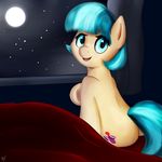  2015 bed blue_eyes coco_pommel_(mlp) curtains cutie_mark earth_pony equine female feral friendship_is_magic fur hair hi_res horse inside looking_at_viewer mammal moon multicolored_hair my_little_pony neighday night pony smile solo star tan_fur two_tone_hair window 