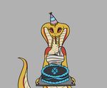  bandage cake female food grey_background hat metriccaboose party_hat party_horn red_scales red_sclera reptile scales scalie simple_background slit_pupils snake solo video_games viper_(x-com) white_scales x-com yellow_scales 