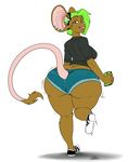  2016 anthro big_butt butt clothed clothing daigo ear_piercing female green_hair hair hi_res huge_butt looking_at_viewer looking_back mammal mouse open_mouth piercing rodent signature simple_background solo standing tail_tuft teeth tongue tuft white_background wide_hips 
