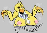  areola avian beverage bib big_breasts bird breasts chica_(fnaf) chicken cum cum_between_breasts cum_on_neck disembodied_penis english_text feathers female five_nights_at_freddy&#039;s food grey_background half-closed_eyes huge_breasts impiccato male nipples open_mouth penis pink_areola pink_nipples pizza sex simple_background teeth text titfuck video_games yellow_feathers 