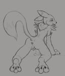  2016 all_fours animal_genitalia animal_pussy anus blush canine_pussy digimon female hi_res looking_at_viewer looking_back nyar paws presenting pussy raised_tail renamon sketch solo toe_curl 
