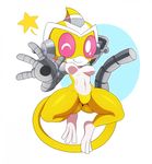  2016 blush breasts featureless_breasts featureless_crotch female hand_behind_head hi_res long_tail looking_at_viewer machine mammal monkey navel nova_(srmthfg) nude one_eye_closed pink_eyes primate robot simple_background smile solo spread_legs spreading sssonic2 super_robot_monkey_team_hyperforce_go thick_thighs voluptuous white_background white_belly wink yellow_body 
