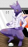  anthro ayasika balls bottomless cat clothed clothing feline fur hi_res looking_at_viewer male mammal morenatsu penis shin_(morenatsu) shirt simple_background solo uncut urine 