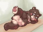  anthro balls barefoot bear blush butt chest_tuft cub fur hair lilinfeng lying male mammal nude on_side penis raised_leg simple_background slightly_chubby solo spread_legs spreading tuft young 