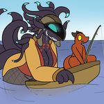  blue_body blue_eyes boat clothing detailed_background drooling duo fishing_rod helmet kobold multi_tail nude purple_body red_body red_scales saliva scales sea sea_monster sharp_teeth sky teeth tentacle_hair tentacles trout_(artist) vehicle water wide_eyed yellow_sclera 