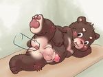  anal anal_penetration anthro anus balls barefoot bear blush butt chest_tuft cub disembodied_penis duo erection fur hair lilinfeng lying male male/male mammal nude on_side penetration penis raised_leg simple_background slightly_chubby solo spread_legs spreading tuft young 