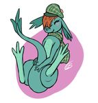  2016 anthro blue_scales blush brown_hair clb covering cute disney english_text eyes_closed female green_scales hair hat legs_up loch_ness_monster lying marine mostly_nude nessie on_back scales scalie scarf signature simple_background smile solo tail_between_legs text the_ballad_of_nessie white_background 
