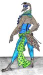  anthro avian beak bird breasts brown_feathers clothed clothing corset feathers female hi_res mask nipple_slip peafowl pose side_boob simple_background solo standing talons vanderwhoops white_background 