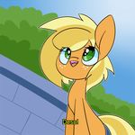  animated applejack_(mlp) blonde_hair day detailed_background english_text equine female food freckles friendship_is_magic fruit green_eyes hair low_res mammal my_little_pony outside sky solo text tree 