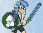  holding_object holding_weapon humanoid inkling melee_weapon nintendo shield simple_background solo splatoon sword textured_background video_games vinoda weapon 