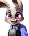  2016 anthro blush clothing cute disney female freedomthai fur grey_fur happy hi_res judy_hopps lagomorph long_ears looking_at_viewer mammal open_mouth police_uniform purple_eyes rabbit simple_background solo tight_clothing tongue uniform white_background zootopia 
