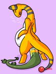  2016 ambiguous_fluids ambiguous_gender ampharos anal_vore artistawesome belly big_belly black_skin breath butt duo english_text eyes_closed green_scales hand_on_stomach hi_res japanese_text nintendo open_mouth pok&eacute;mon purple_background scales serperior signature simple_background spread_legs spreading stripes text tongue video_games vore white_skin yellow_scales yellow_skin 