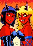  2015 belinda_(scorch) black_eyes black_hair blonde_hair blue_eyes bra breasts cindy_(scorch) clothing curtsibling demon digital_media_(artwork) duo ear_piercing eyebrows eyelashes fangs female fire fishnet hair happy horn humanoid inverted_cross long_hair looking_at_viewer open_mouth piercing red_skin scorch_(curtsibling) simple_background teeth tongue underwear watermark yellow_sclera 