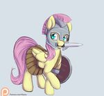  2016 alasou armor clothed clothing digital_media_(artwork) equine female feral fluttershy_(mlp) friendship_is_magic hair helmet hi_res mammal melee_weapon mouth_hold my_little_pony patreon pegasus pink_hair shield simple_background skirt solo sword teal_eyes weapon wings 