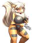  2015 absurd_res amber_eyes anthro anthrofied arcanine areola big_breasts black_nose blush breast_grab breasts canine chest_tuft erect_nipples female fluffy_tail fur hair hand_on_breast hi_res mammal navel nintendo nipples orange_fur pok&eacute;mon portrait pussy simple_background solo stripes tailzkim three-quarter_portrait tuft video_games watermark white_background white_hair 