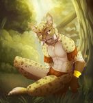  2016 abs anthro bone_necklace chest_tuft chloe-dog clothed clothing crouching detailed_background digital_media_(artwork) feline fur hair jewelry kita loincloth looking_away lynx male mammal muscular outside pecs solo topless tree tribal tuft 