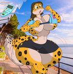  absurd_res anthro bench big_tail big_thighs breast_expansion breasts brown_hair cleavage clothed clothing cloud connie_birchenough day detailed_background digital_media_(artwork) english_text expansion female forced forced_transformation fur gecko grass hair hi_res hip_inflation inflation leopard_gecko lizard multicolored_fur navel open_mouth outside photo_background reptile scalie sky solo spots spotted_fur text theenglishhobo trash_can tree virus-20 voluptuous water wide_hips 