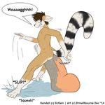  2014 abdominal_bulge anal anal_penetration anthro dildo drmellbourne english_text hi_res huge_dildo hybrid lube male mammal masturbation nude penetration red_panda ridiculous_fit sex_toy simple_background solo striped_tail teeth text white_background 