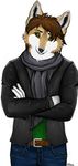  anonymous anthro belt black_nose brown_fur brown_hair canine claws clothed clothing crossed_arms digital_media_(artwork) ear_tuft fox front_view fully_clothed fur green_eyes hair hi_res jacket looking_at_viewer male mammal multicolored_fur pants scarf shirt simple_background solo standing tuft two_tone_fur unknown_artist white_background white_fur wolf wolfox 