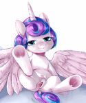  2016 absurd_res anus cub equine female feral flurry_heart_(mlp) friendship_is_magic hair hi_res hooves horn looking_at_viewer mammal multicolored_hair my_little_pony pussy simple_background smile solo somessedup spread_legs spreading teats two_tone_hair underhoof white_background winged_unicorn wings young 