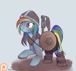  2016 alasou armor axe dirty equine female feral friendship_is_magic hair helmet hi_res horse mammal melee_weapon multicolored_hair my_little_pony patreon pegasus pink_eyes pony rainbow_dash_(mlp) rainbow_hair shield simple_background solo viking weapon wings 