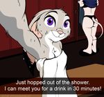  2016 anthro bra breasts cleavage clothed clothing disney english_text female fur grey_fur grummancat judy_hopps lagomorph locker locker_room long_ears looking_at_viewer mammal panties pink_nose purple_eyes rabbit selfie smile standing text towel underwear undressing wet zootopia 