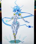  absurd_res android big_breasts blue_eyes blue_hair breasts female gblastman grey_body gynoidherring hair hi_res machine mai metal navel nipples nude pussy robot smile solo standing traditional_media_(artwork) wide_hips 