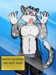  2013 5_fingers clothed clothing english_text feline front_view fur humanoid_hands humor leopard licking male mammal mars_(thequeenofmars) shorts signature simple_background snow_leopard solo spots spotted_fur standing text tongue tongue_out topless ventkazemaru 