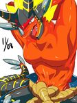  abs anthro blonde_hair card clothed clothing dragon drum_(buddyfight) drum_bunker_dragon future future_card_buddy_fight future_card_buddyfight hair male muscular pecs ragujuka reptile scalie topless 