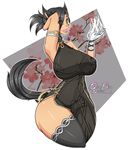  animal_humanoid big_breasts black_hair blue_eyes breasts canine clothed clothing female hair hair_over_eyes hi_res humanoid legwear mammal okioppai pose raised_arm skimpy solo thigh_highs tight_clothing voluptuous wide_hips wolf wolf_humanoid 