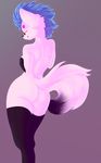  2016 anthro blue_hair butt canine cat clothing eyes_closed feline female fox fur grey_background hair hand_on_chest hi_res hybrid legwear mammal mohawk nude pink_fur rear_view simple_background solo standing thigh_highs valkoinen valkoinen_(character) wide_hips 