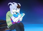  &lt;3 anthro anthrofied asriel_dreemurr blue_background blue_eyes blue_fire blush boss_monster brothers caprine clothing cuddling cute detailed_background duo eyes_closed fangs fur goat hand_holding hi_res horn hug jeans jewelry long_ears male mammal necklace pants polo_shirt protagonist_(undertale) sibling simple_background sitting undertale unknown_artist video_games water white_fur 