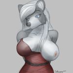  anthro areola breasts canine drmellbourne female half-closed_eyes hi_res mammal nipples one_breast_out simple_background smile solo wardrobe_malfunction wolf 