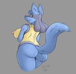 2016 aesirfeather anthro big_breasts big_butt black_fur blue_fur breasts butt canine erect_nipples female fur grey_background hair hi_res looking_at_viewer looking_back lucario mammal nintendo nipples nude pok&eacute;mon raised_tail red_eyes side_boob simple_background solo standing thick_thighs video_games wide_hips yellow_fur 