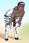  animal_genitalia animal_penis bent_over big_penis dark_skin equine equine_penis girly hair hi_res human hybrid male mammal pecs penis ponytail purple_eyes purple_hair satyr solo stowaway stripes thick_thighs zebra 