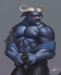  &lt;3 2016 abs anthro belt biceps big_muscles blue_fur blush bovine brown_eyes buffalo chief_bogo clothed clothing disembodied_hand disney duo fur grey_background grey_fur hi_res horn looking_away male mammal muscular nipple_pinch nipples open_shirt pants pecs raccoon21 shirt simple_background solo_focus standing zootopia 