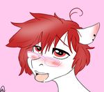  blush darkryx ear_piercing equine eyewear fan_character glasses hair headshot_portrait horse land low_res mammal my_little_pony open_mouth piercing pink_background pony portrait red_eyes red_hair saliva signature simple_background teeth tongue tongue_out 