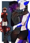 anthro being_watched blush briefs canine clothed clothing duo eyes_closed feline hi_res kissing male male/male mammal naomy red_panda simple_background topless underwear wolf 