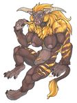  2016 anthro anthrofied areola big_breasts blonde_hair blue_eyes breasts brown_fur capcom claws clitoris english_text fanged_beast female fur hair hi_res horn iggi long_hair mammal monster_hunter nipples nude open_mouth pointy_ears pubes pussy rajang sharp_teeth signature simple_background sitting smile solo teeth text toe_claws tuft video_games white_background yellow_fur 