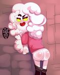  2016 agaist_wall anal anthro anus blush butt cartoon_network clothed clothing cloud digital_media_(artwork) fluffy fur half-closed_eyes hi_res kmf97 looking_back male mr._small not_furry open_mouth pants_down partially_clothed penis red_eyes simple_background skinny solo teenager the_amazing_world_of_gumball tongue white_fur young 