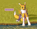  2016 anthro atticuskotch black_nose black_sclera blue_eyes bridal_gauntlets canine claws cute dialogue digimon english_text featureless_crotch female fox fur grass happy looking_at_viewer mammal markings mostly_nude open_mouth outside renamon signature sitting smile solo speech_bubble teeth text toe_claws tongue tuft water white_fur yellow_fur 