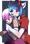  ambiguous_gender anthro canine clothed clothing duo facial_piercing fangs feline hi_res horn hug lip_piercing male mammal naomy open_mouth piercing simple_background smile teeth tongue 