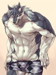  abs anthro biceps big_muscles black_nose blue_eyes canine clothed clothing cotora_omiduki dog fur grey_fur looking_at_viewer male mammal multicolored_fur muscular muscular_male navel pecs simple_background solo standing topless two_tone_fur underwear underwear_down undressing white_fur wolf 